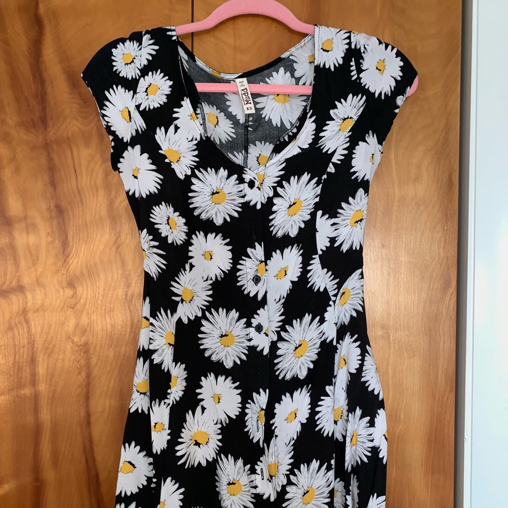 Black floral button up skater dress.